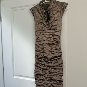 Nicole Miller Taupe Ruched Midi Dress
